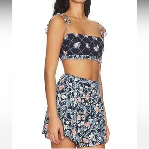 Agua Bendita Revolve Women’s Allie Floral Ruffle Crop Top in Ross Blue Sz S NWT